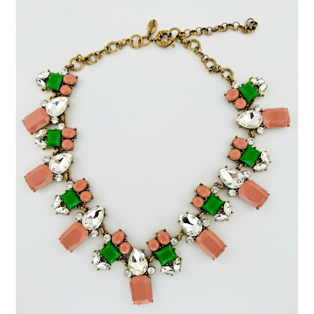 J Crew For Ivy Box Statement Necklace Runway Green Pink Clear Crystals 20” HTF - Picture 1 of 4
